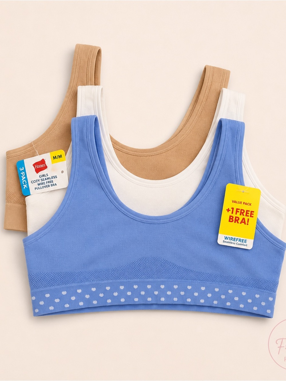 Hanes Girls Cozy Seamless Wirefree Pullover Bra 3-Pack NWT Medium Blue White Tan